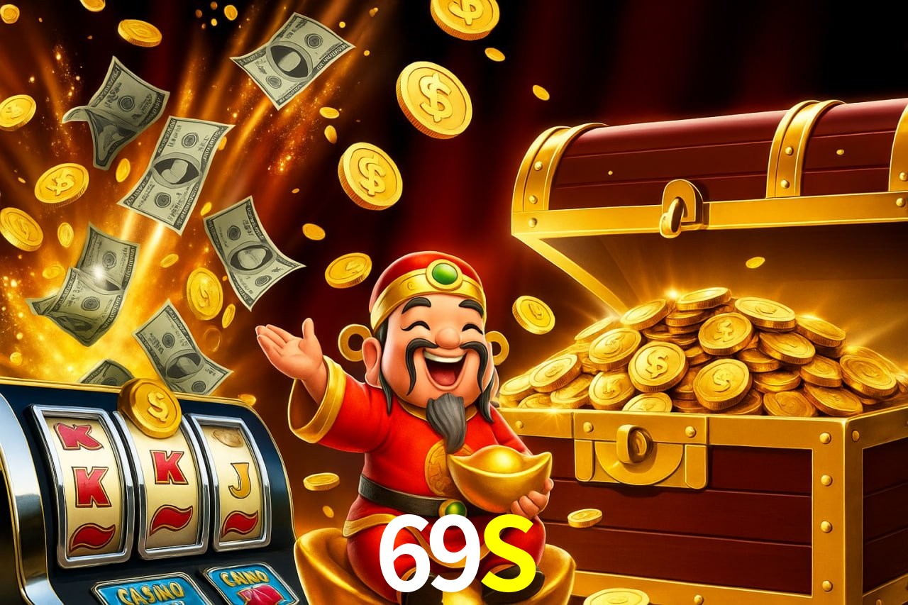 Escena dinámica inspirada en casino con iluminación 69S, cartas, fichas e íconos de juegos digitales en un espacio moderno de juegos.